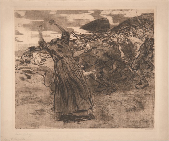In a black-and-white etching, the rushed movements of a group of peasants charging as an old woman urges them on are rendered through thick, dramatic dark lines.