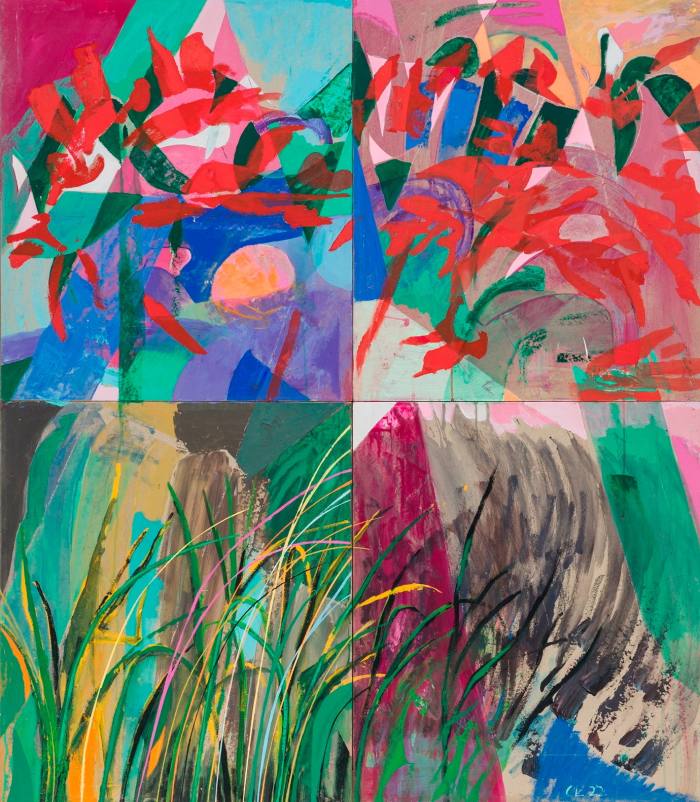 Abstract painting of foliage formed of four panels