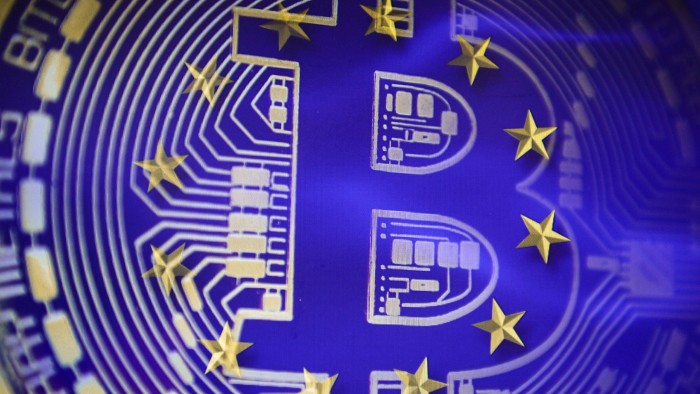 A photo illustration with bitcoin and the EU flag