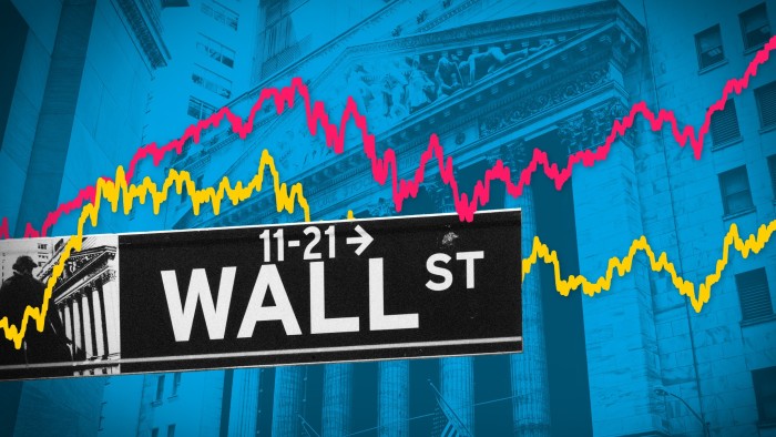 A montage of a Wall Street sign with the New York Stock Exchange in the background with bar chart lines overlaid