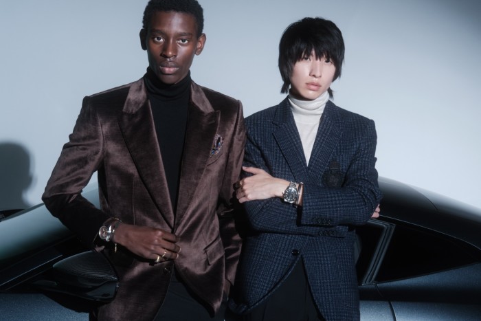 Left: Adamu wears Dolce & Gabbana velvet Sicilia jacket, £2,150 for suit, technical-jersey rollneck, £850, wool trousers, £650, yellow- and white-gold and diamond Fabric Devotion bracelet, £2,350, gold Love ring, £1,650, and white- and yellow-gold signet ring, POA. New & Lingwood silk pocket square, £65. Breitling stainless-steel Premier B25 Datora 42 watch, £10,500. Right: Bo wears Dolce & Gabbana check jersey Portofino jacket, £1,900, cashmere rollneck, £745, and wool trousers, £595. Bulgari rose-gold and antique silver coin Monete ring, £6,850, and rose-gold and ceramic B.Zero1 bracelet, £5,750. Omega stainless-steel Seamaster 300 41mm Co-Axial Master Chronometer, £6,100