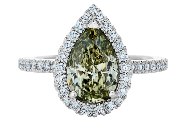 De Beers platinum and white- and greenish-yellow diamond Aura ring, POA