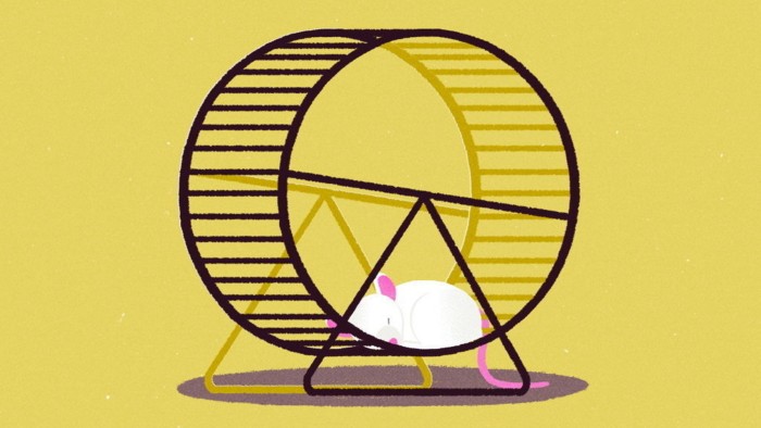 Illustration of a white pet mouse sleeping in an exercise wheel