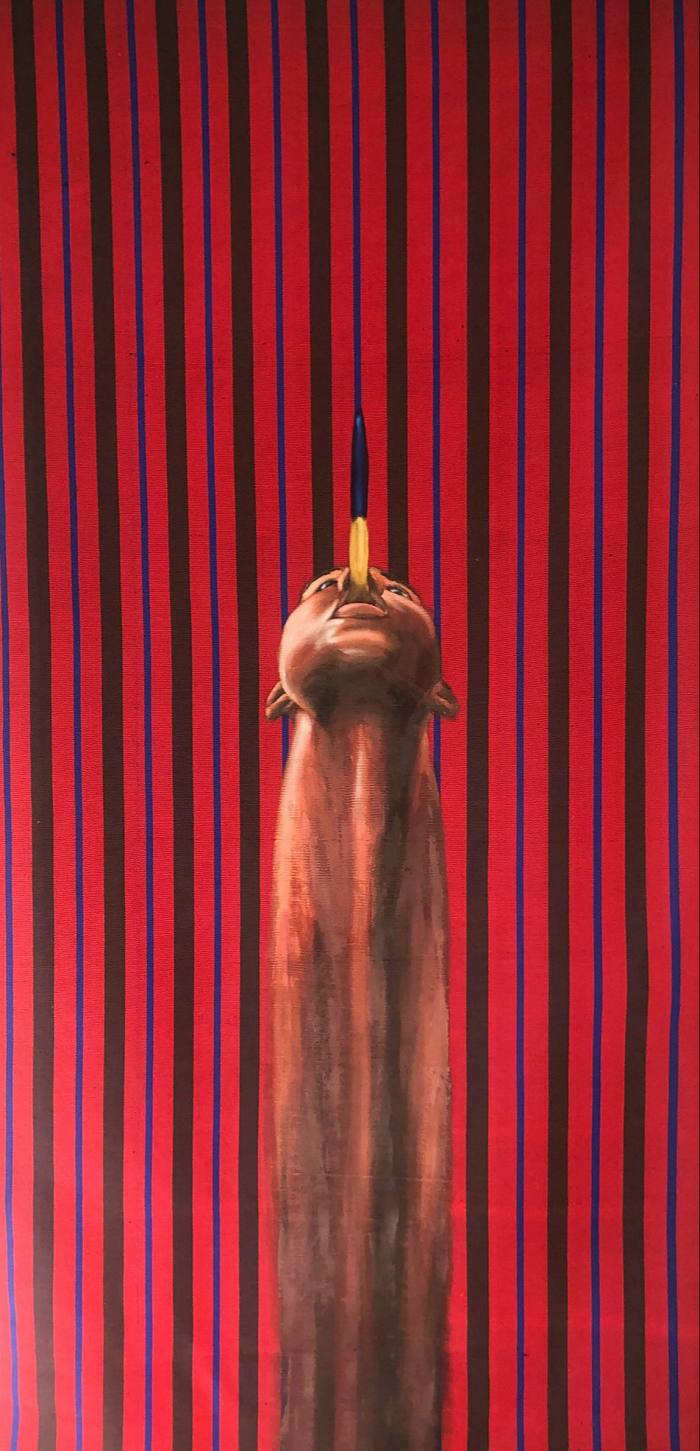 Painting of a head with an extremely elongated neck against red stripes