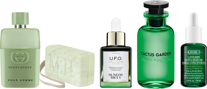 From left: Gucci Guilty Love Edition Pour Homme, £55 for 50ml EDT. Miller Harris Nettles soap on a rope, £20. Sunday Riley UFO Ultra-Clarifying face oil, £68 for 35ml, spacenk.com. Louis Vuitton Les Parfums Cactus Garden, £200 for 100ml EDP. Kiehl’s Cannabis Sativa Seed Oil Herbal Concentrate, £40 for 30ml