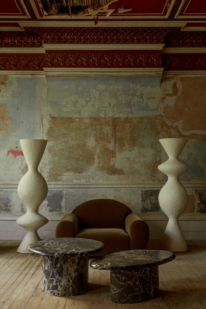 Ransom & Dunn mohair velvet Sparta chair, £3,895, marble Petra coffee table set, £8,050, and Venus floor lamps, £3,795 each