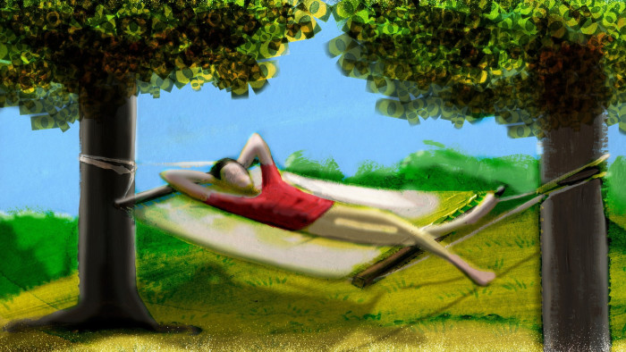 Illustration of a person relaxing on a hammock strung between two trees