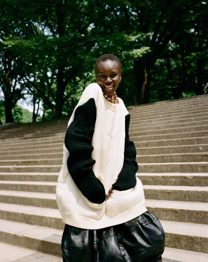 Louis Vuitton wool jumper, £2,900, and leather skirt, £3,900. Jil Sander by Lucie and Luke Meier gold Globe necklace, £1,290. Model, Alek Wek at Storm London. Hair, Hos Hounkpatin at The Wall Group. Make-up, Christine Cherbonnier at The Wall Group. Photographer’s assistants, Doug Segars and Bryan Anton. Stylist’s assistants, Paget Millard and Shant Alvandyan. Production, De La Revolución