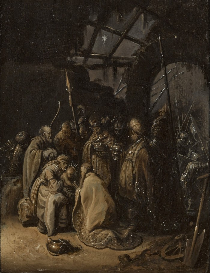 A darkly-lit painting depicts a group of kings as they visit a woman and her newly born baby in a stable