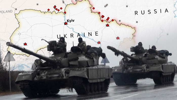 Montage of map of Ukraine and tanks