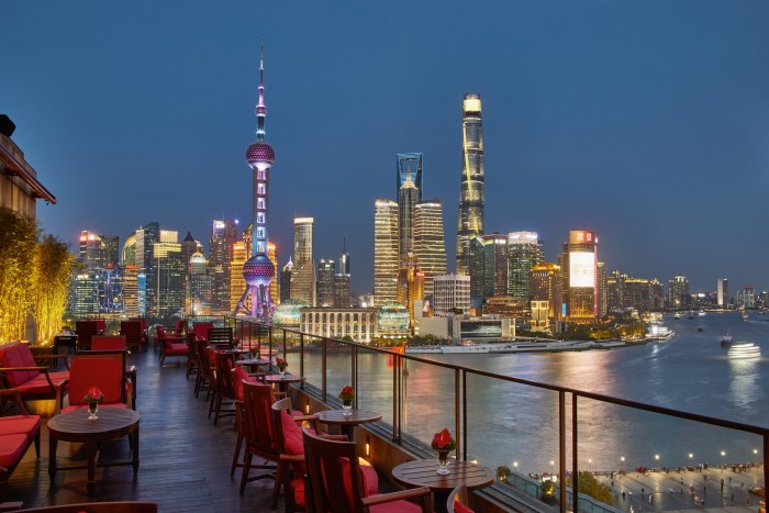 The view of the Shanghai skyline from Sir Elly’s Terrace at the Peninsula Hotel