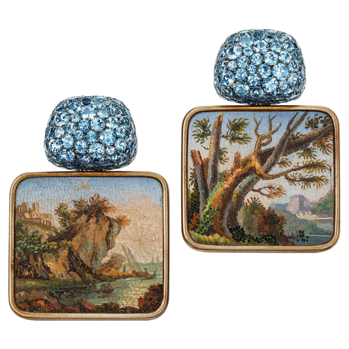 Hemmerle bronze, white-gold, aquamarine and micro-mosaic earrings, POA