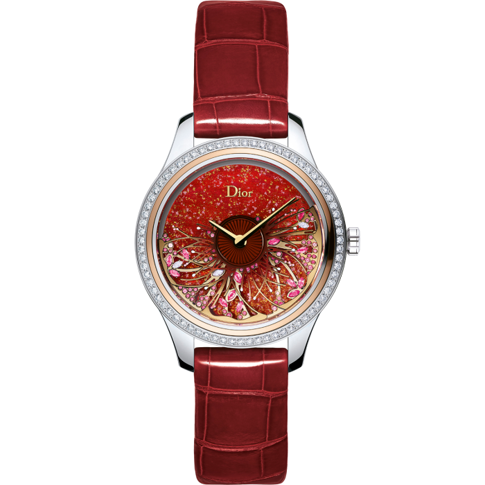 Dior Grand Bal Jardin Fleuri: red mother-of-pearl dial with diamonds, pink sapphires and rubies in a steel and pink-gold case, £27,000. Limited edition of 88