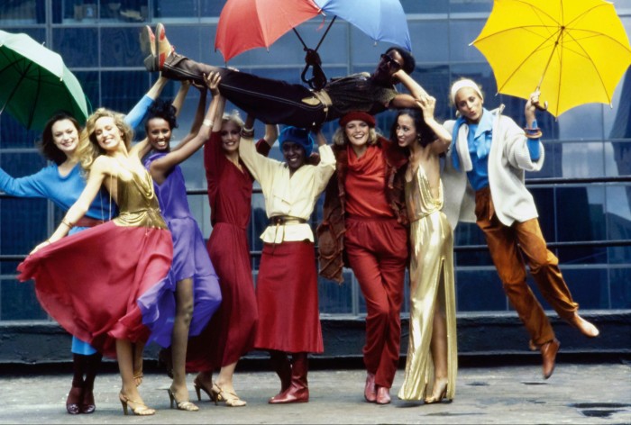 New York-based Stephen Burrows being lifted by models in a Vogue editorial from 1977