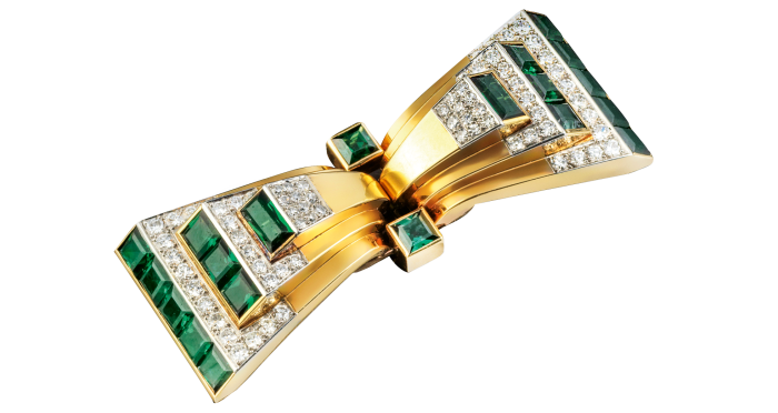 Cartier 18ct-gold, platinum, green tourmaline and diamond brooch/double clips, c1940s, £58,000