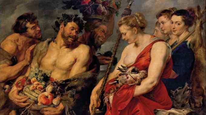 A woman  in red with leering men