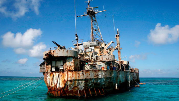The dilapidated Philippine Navy ship LT 57 Sierra Madre is in the shallow waters of Second Thomas Shoal 