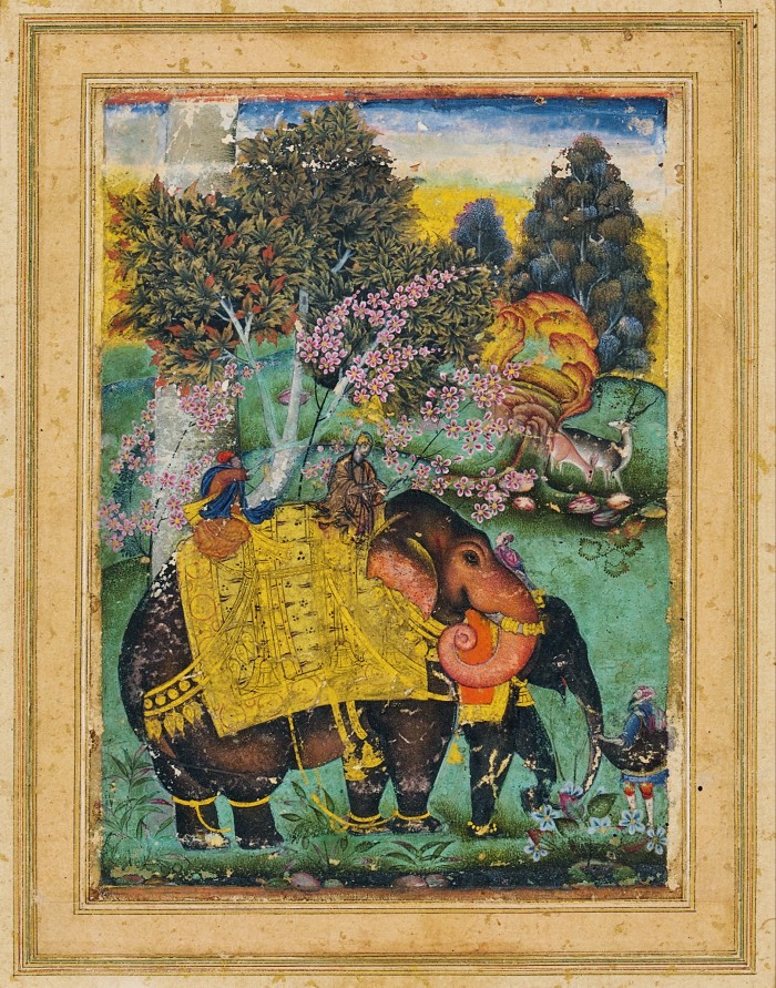 Sultan Ibrahim Adil Shah II of Bijapur riding his elephant Atash Khan, attributed to Farrukh Beg, c1600, £300,000-£500,000, Sotheby’s