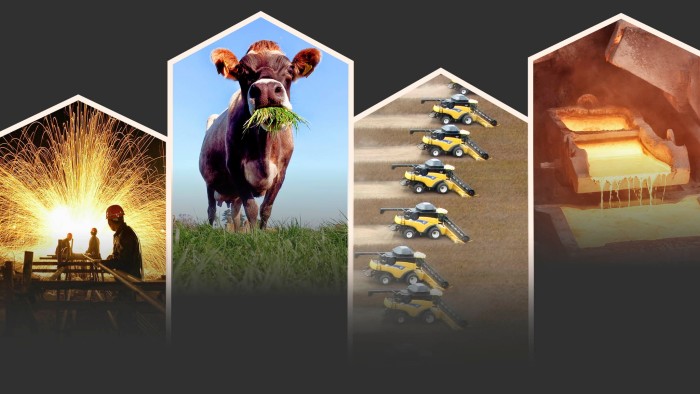 A photo montage of a steel factory, a cow, tractors and iron smelter