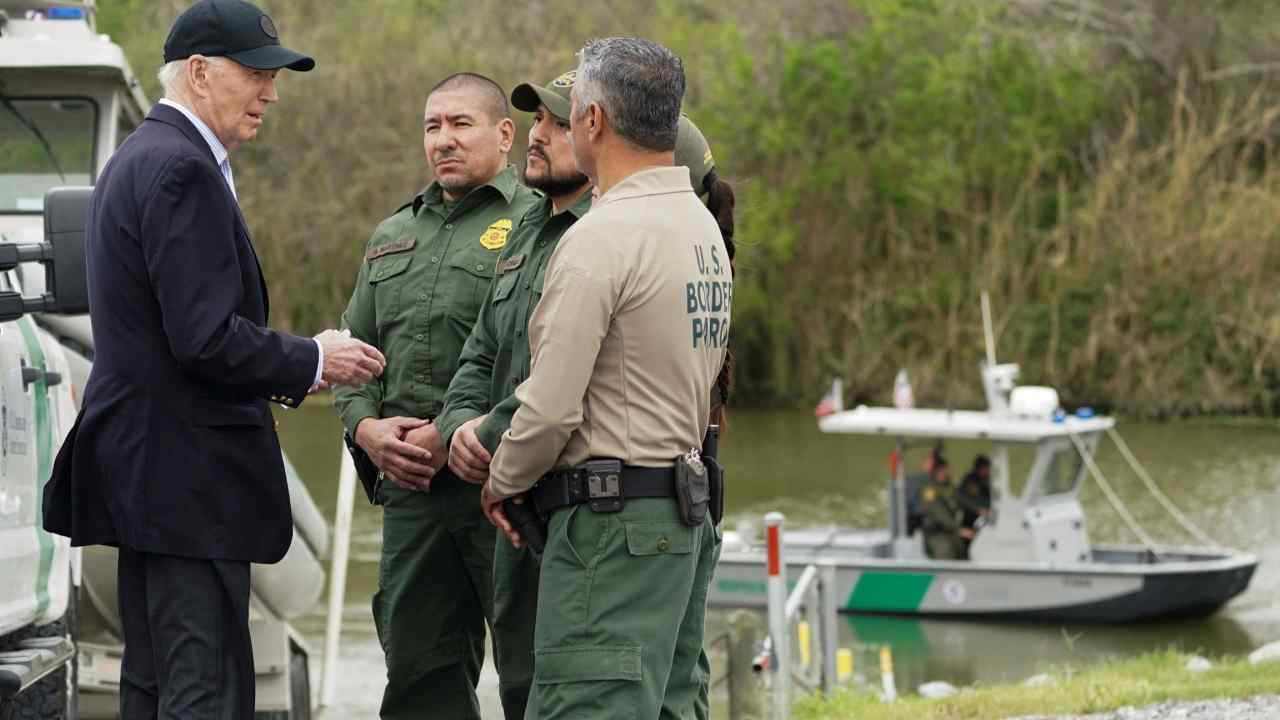 President Joe Biden speaks with US Border Patrol officers