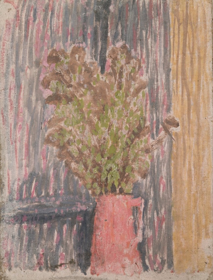 Painting of tall flowers in a pink jug against a blue wall