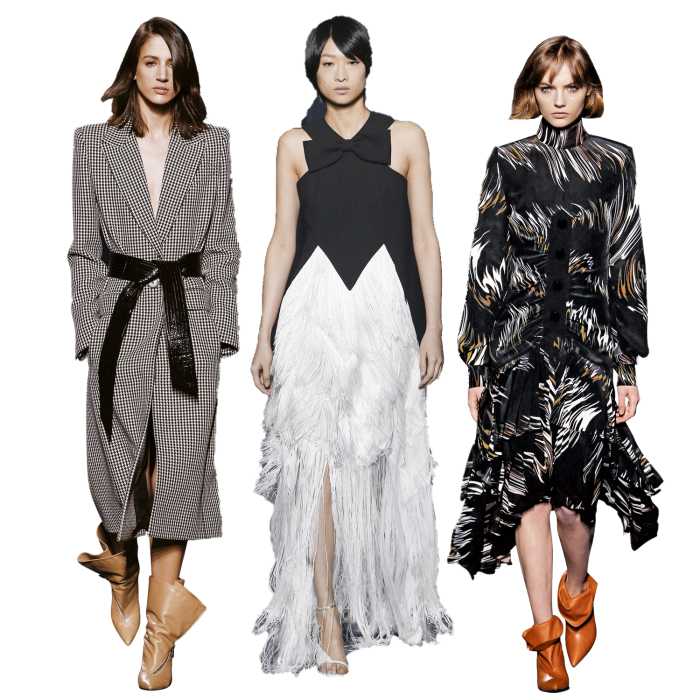 From left: Givenchy wool coat, €2,890, and calfskin boots, €995; wool-crepe dress, €4,190, and goatskin sandals, €650; and silk dress, €7,490, and lambskin boots, €795