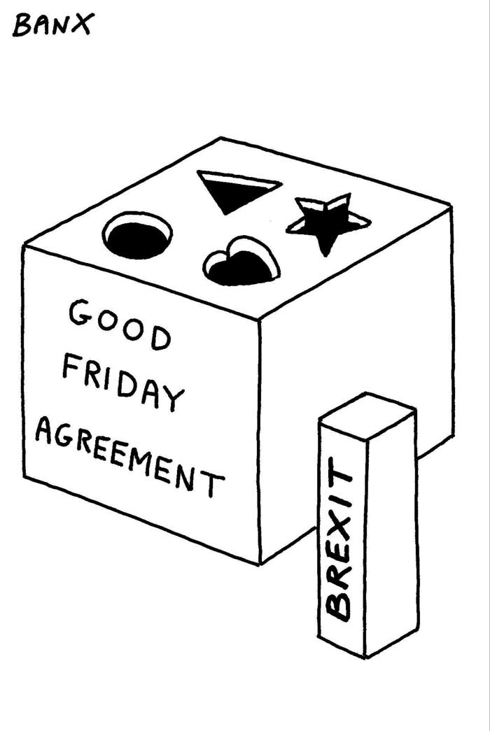 An illustration of a shape sorting cube with a circle, triangle, star and heart-shaped holes on top and the words ‘Good Friday Agreement’ written on one side. A rectangular block inscribed with the word ‘Brexit’ stands erect beside the cube