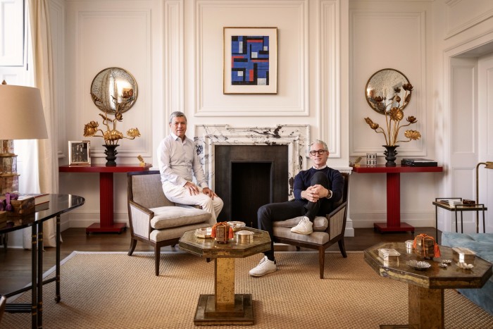Pedro Girao (left) and Damian Byrnes at home in London, in one of their sitting rooms. To the left is a black-lacquer Table Royale from the 1960s by Maison Jansen