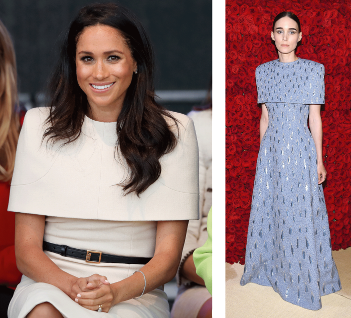 From left: The Duchess of Sussex and Rooney Mara wearing Waight Keller’s trademark cape dresses
