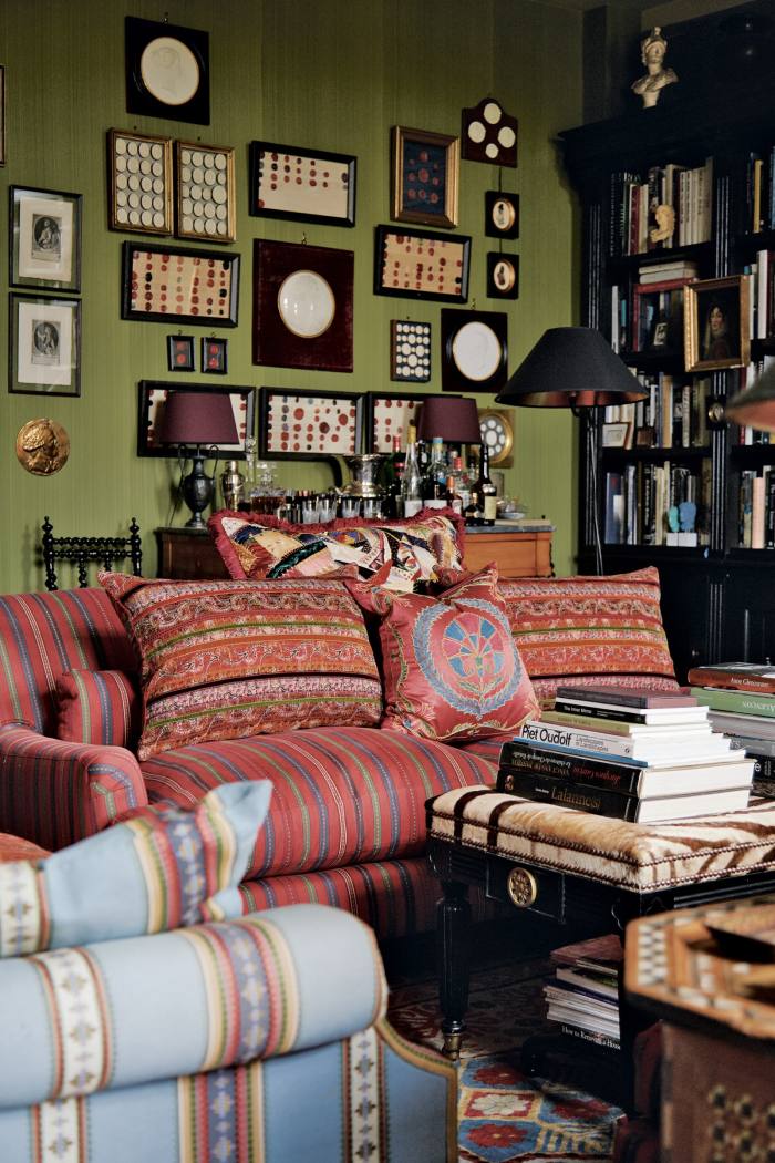 In the petit salon, Condé and Colombier cushions (£700 and £1,350) from La Carlière sit alongside one found in Istanbul’s Grand Bazaar