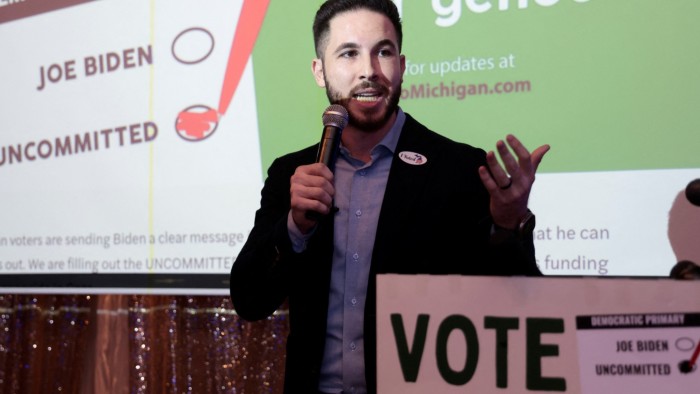 Dearborn mayor Abdullah Hammoud speaks during an ‘uncommitted’ vote election night