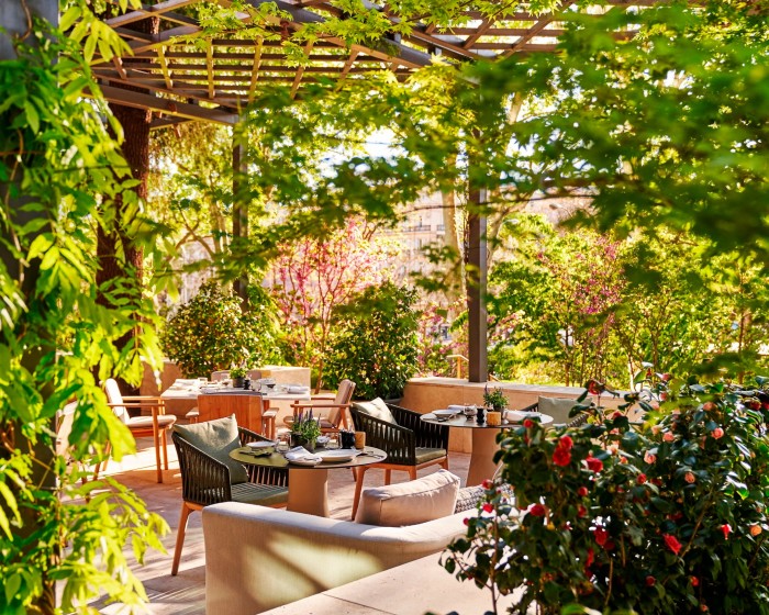 The leafy terrace of the hotel’s Las Brasas de la Castellana restaurant