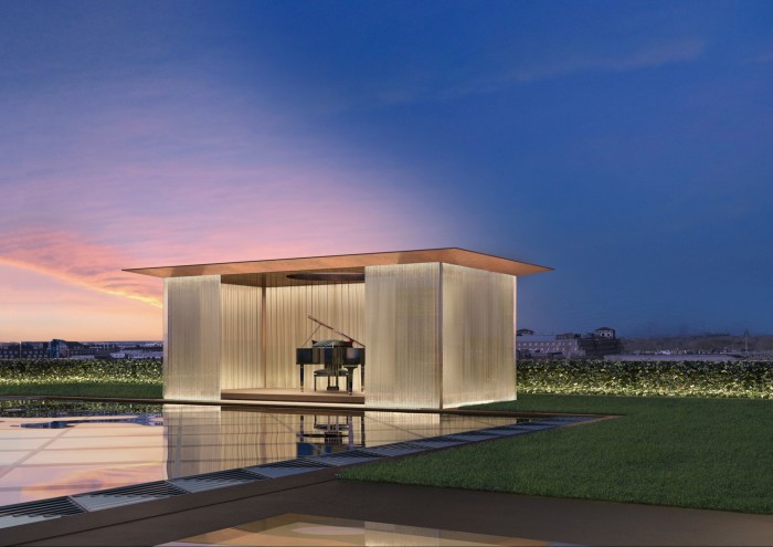A rendering of one of the two glass-sided pavilions (one with a grand piano) that will form part of the penthouse supersuite on the roof 