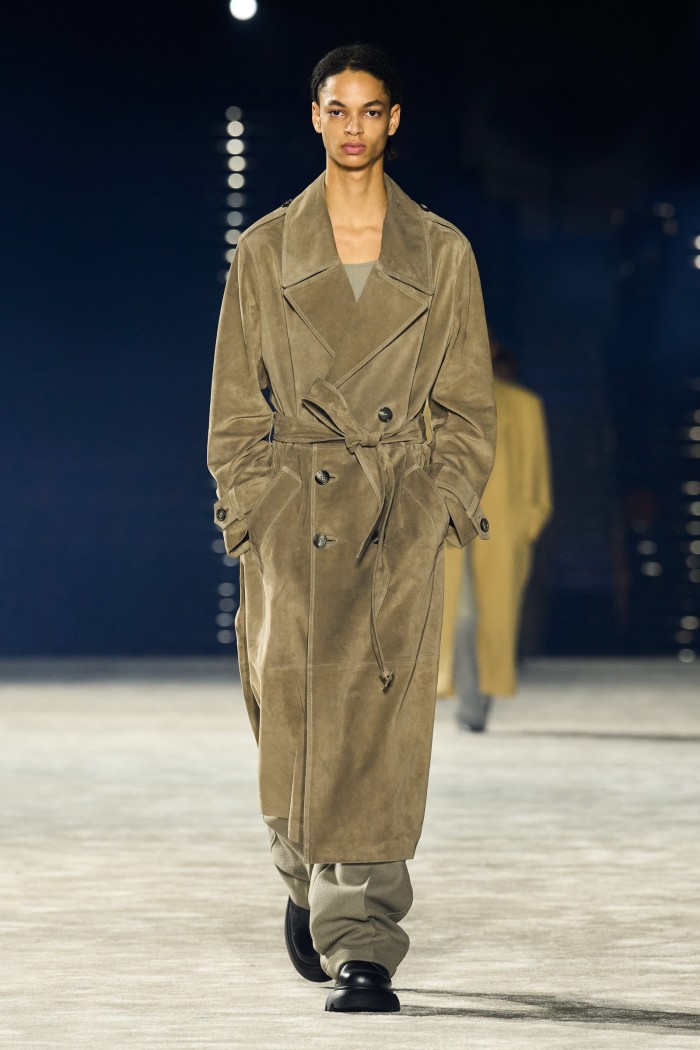 Ami Paris suede trenchcoat, £2,455, viscose tank top, £210, wool wide-fit trousers, £775, and leather Ranger shoes, £500