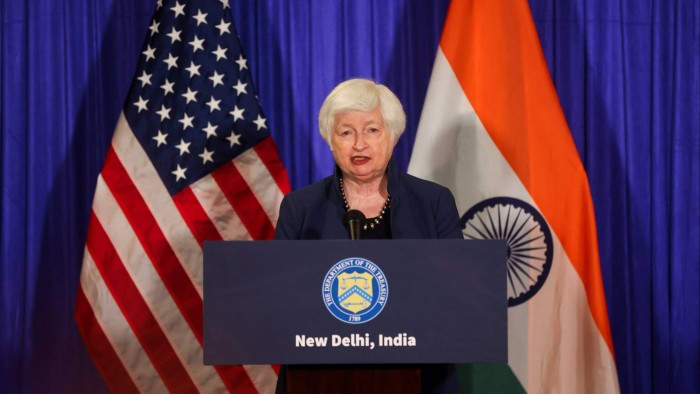 US Treasury secretary Janet Yellen addresses the media ahead of the G20 summit in New Delhi, India, on Friday