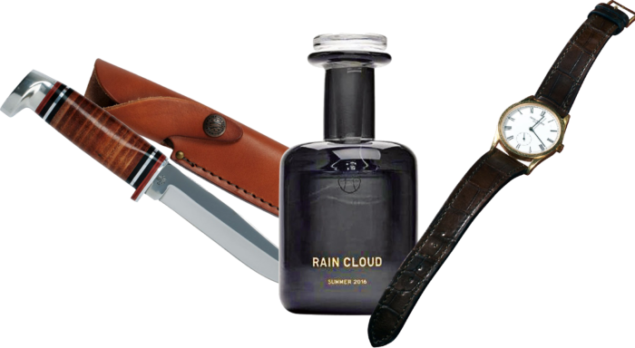 From left: Best Made leather-handled pocket knife, $98. Perfumer H Rain Cloud fragrance, from £180 for 100ml. Ting’s Patek Philippe Calatrava watch with its new strap