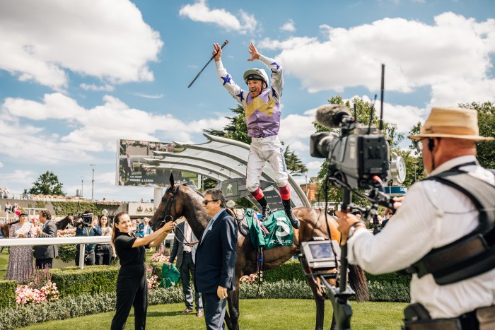 Frankie Dettori performs his flying dismount after winning a race at last year’s King George Weekend