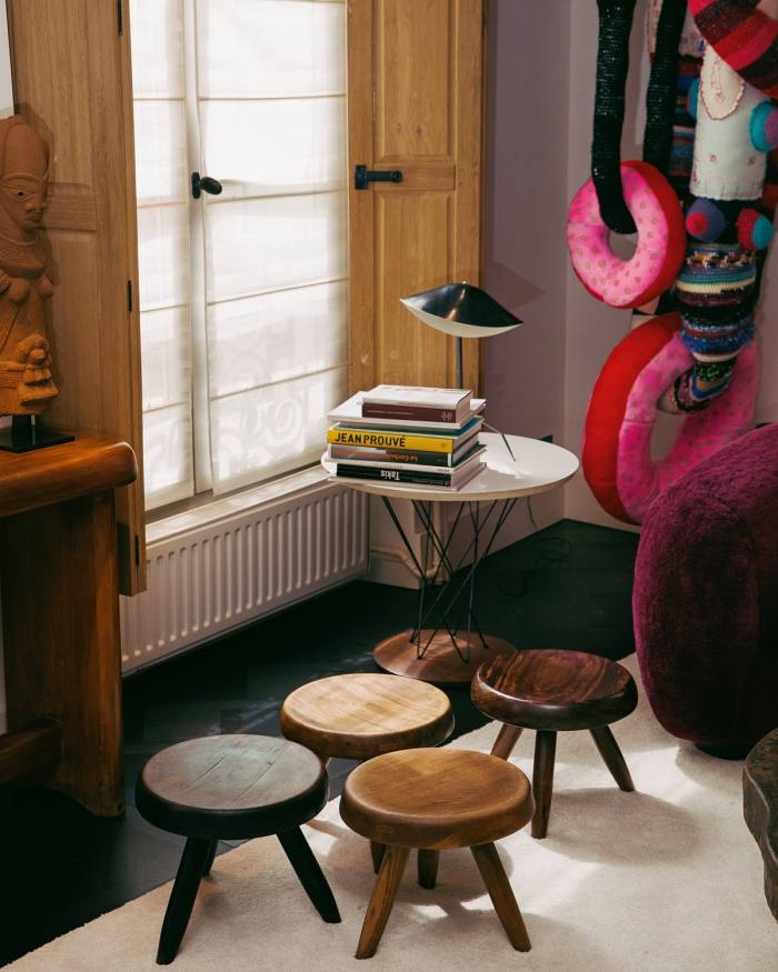 Laffanour’s Perriand stools, Serge Mouille desk lamp and Isamu Noguchi side table