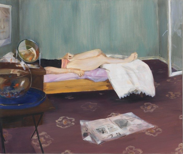 Painting of a person lying on a bed, their head behind a fishbowl