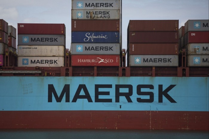 The AP Moller-Maersk A/S signage on a container ship at the Port of Brisbane