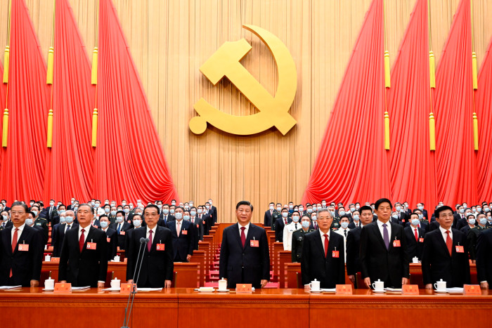 Chinese President Xi Jinping, former President Hu Jintao and members of the Standing Committee of the Political Bureau of the Communist Party of China Central Committee 