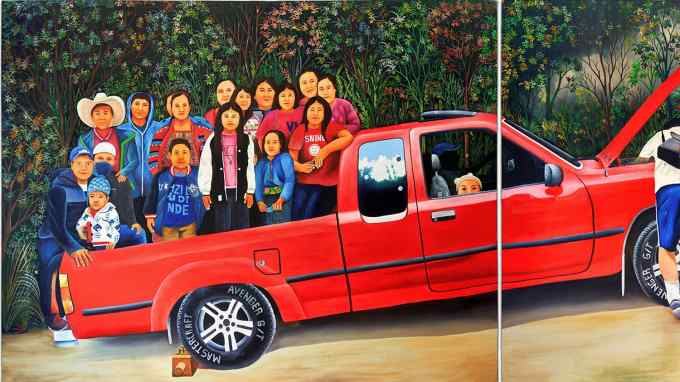 Two landscape-shaped paintings showing a large family standing in the back of a red pick-up truck, which has broken down