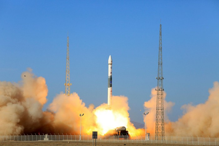 The carrier rocket Kuaizhou 1A launches from Jiuquan, north-west China, in 2019. Chinese media reported it was carrying microsatellites on behalf of Kleo Connect