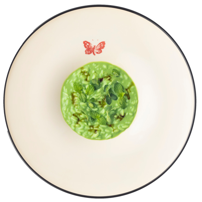  . . . and “Pronto Luisa... Tribute to Bizza”: risotto of Yamagata rice in edamame cream with pea miso caramel