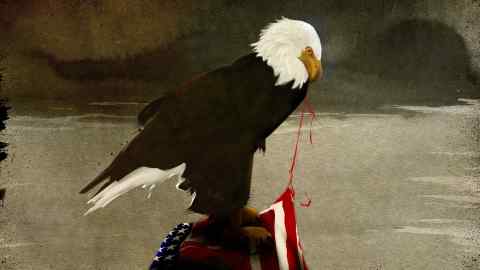 Ann Kiernan illustration of the American eagle standing on the US flag, tearing it to pieces with his beak