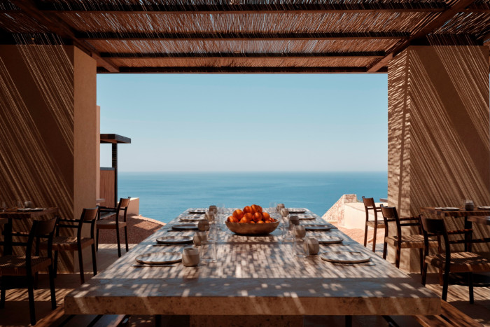 A large dining table with ten chairs with a vista of the sea 