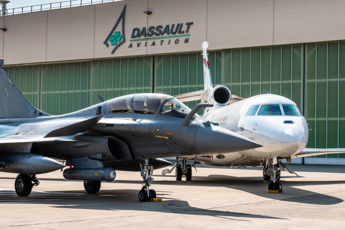 Dassault’s Rafale fighter jet and Falcon 8X at its flight-test centre in Istres, near Marseille