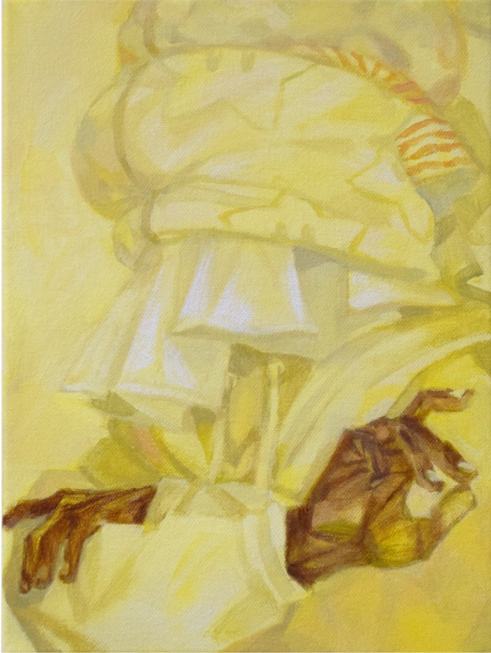 Painting of a person swathed in yellow fabric except for their hands