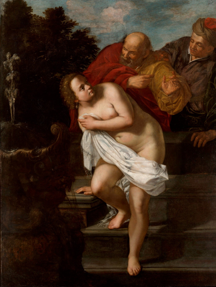A nude woman clutching a white sheet about her descends some steps as two older men peer down at her from above 