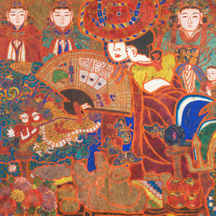 A painting of traditional female shamans of Korean folk religion wearing brightly-coloured robes. They are organised in a dense configuration amid objects and creatures including a fan, flora and a dragon